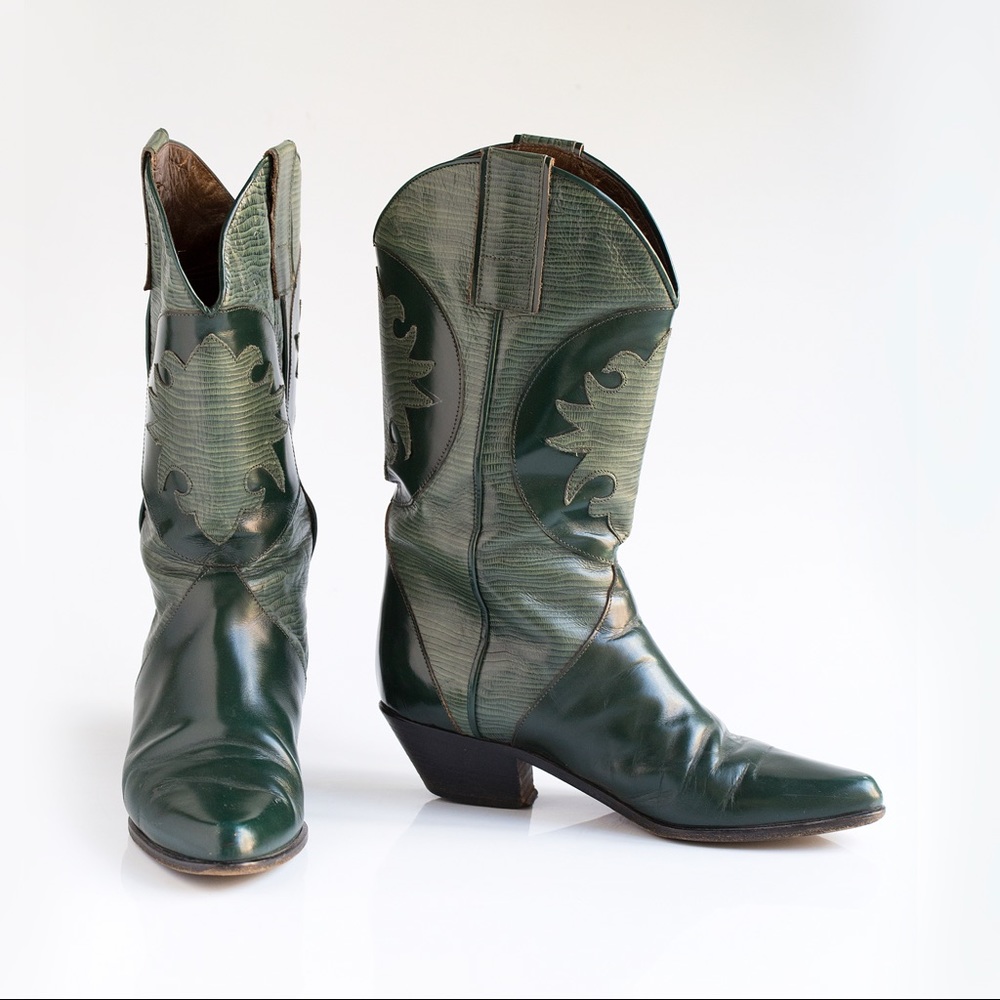 Green Leather Cowboy Boots Made in Italy Size 9